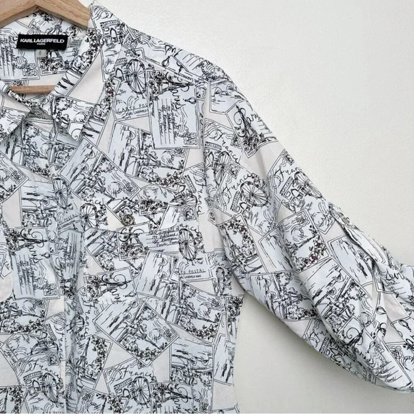 Karl Lagerfeld Womens Size Large Paris Whimsical  Roll Sleeve Blouse - Picture 7 of 15